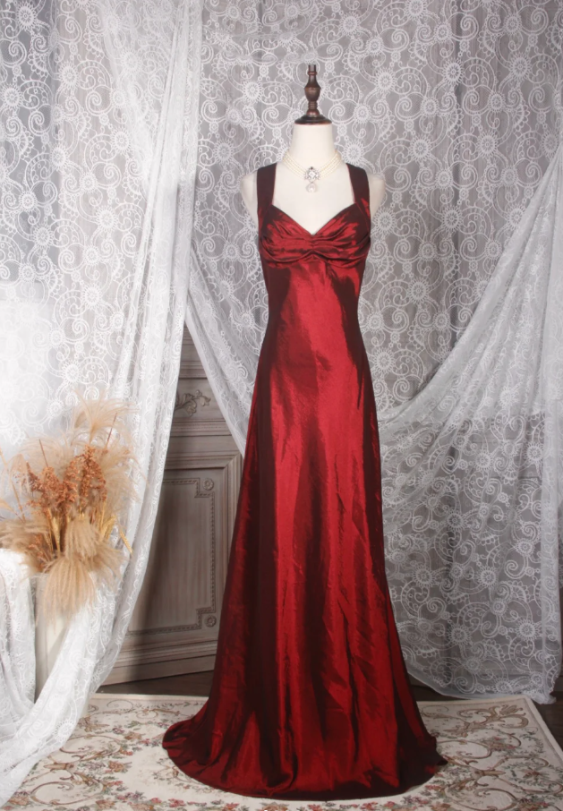 Vintage Burgundy V Neck Satin Mermaid Long Prom Dress Party Gown D2247