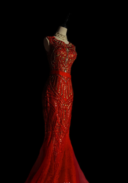 Gorgeous Sleeveless Tulle Satin Beaded Red Mermaid Evening Dress Long Prom Gown D1103