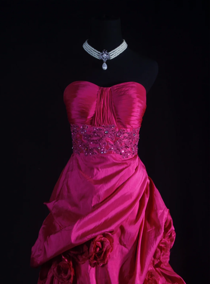 Pretty Strapless Satin Pleated Ball Gown Pink Long Party Dress Prom Gown D2222
