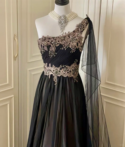 Vintage Black Tulle Appliques Beaded Mermaid Evening Dress,One Shoulder Long Wedding Guest Dress D3092