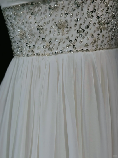 Pretty Spaghetti Straps White Chiffon Beaded A Line Long Evening Dress Birthday Prom Dress D2512