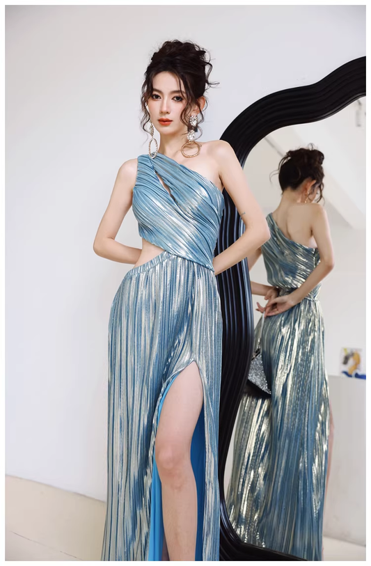 Sexy One Shoulder Satin Pleated Slit Long Wedding Guest Dress Blue Birthday Prom Dress Evening Gown D2458