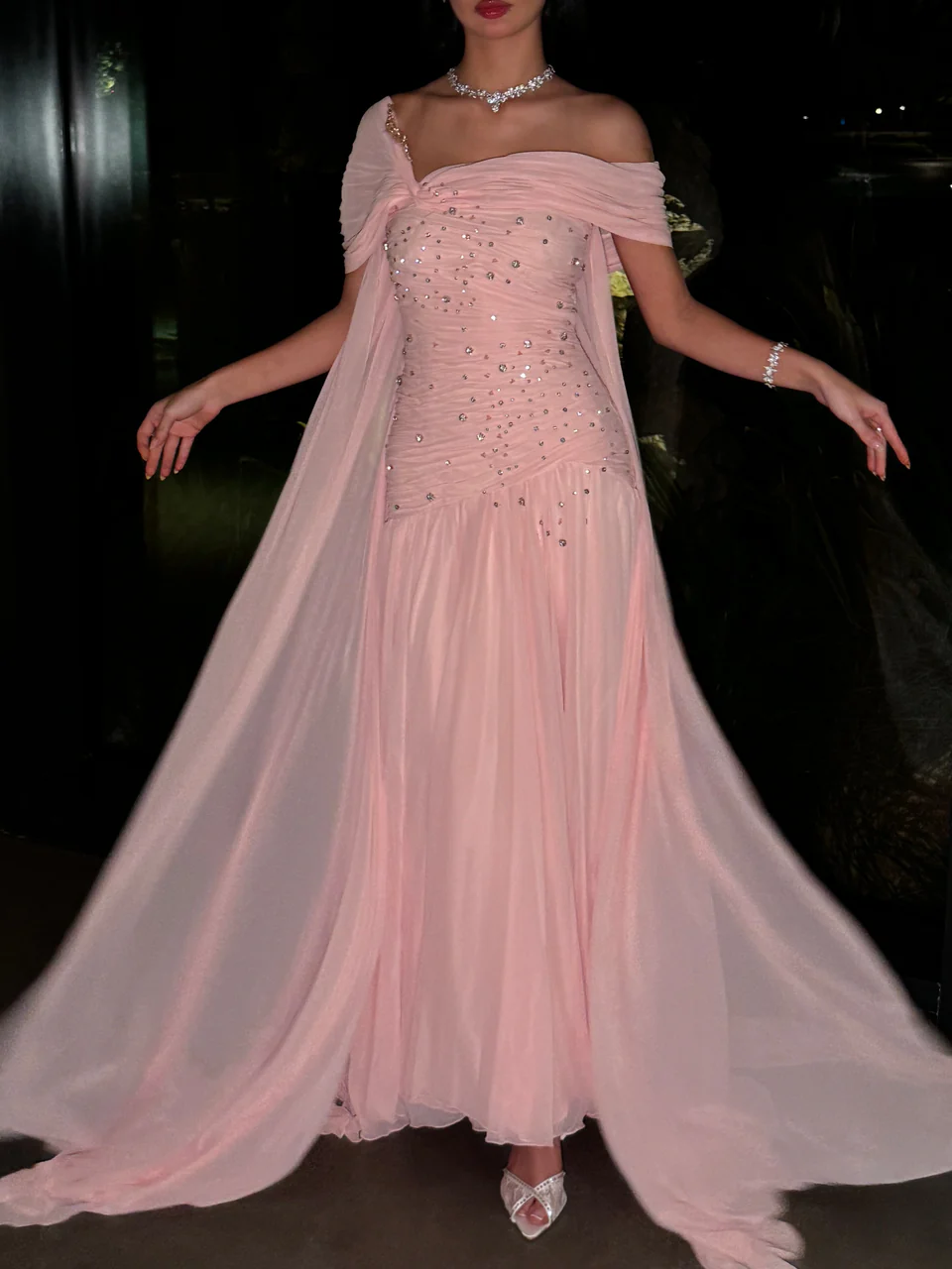 Charming Pink Chiffon Beaded Mermaid Long Party Dress Formal Evening Dress D1960