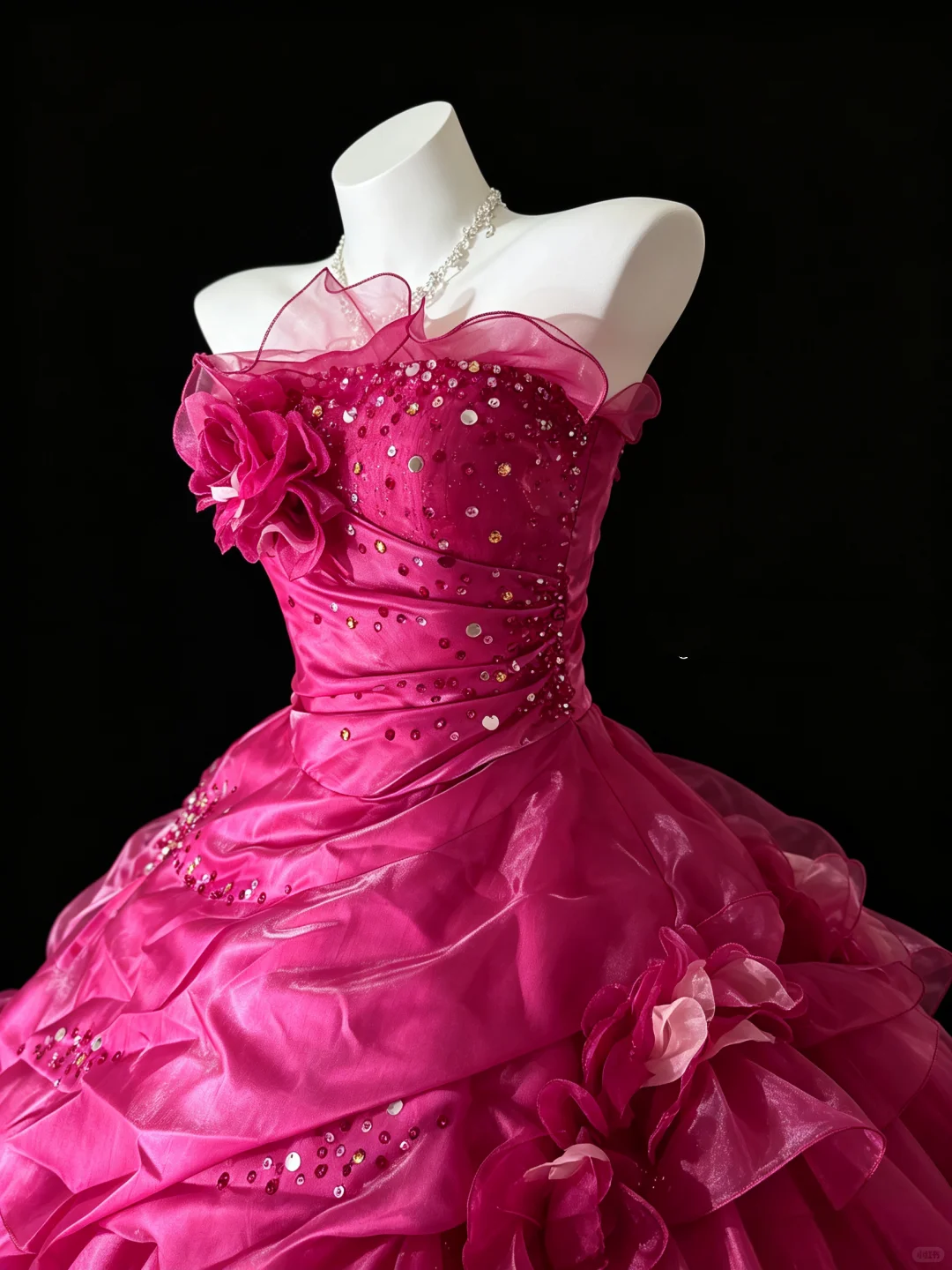 Chic Strapless Ball Gown Hot Pink Satin Tulle Ruffle Sequin Birthday Quinceanera Dress D5286
