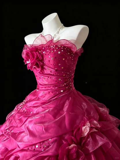 Chic Strapless Ball Gown Hot Pink Satin Tulle Ruffle Sequin Birthday Quinceanera Dress D5286