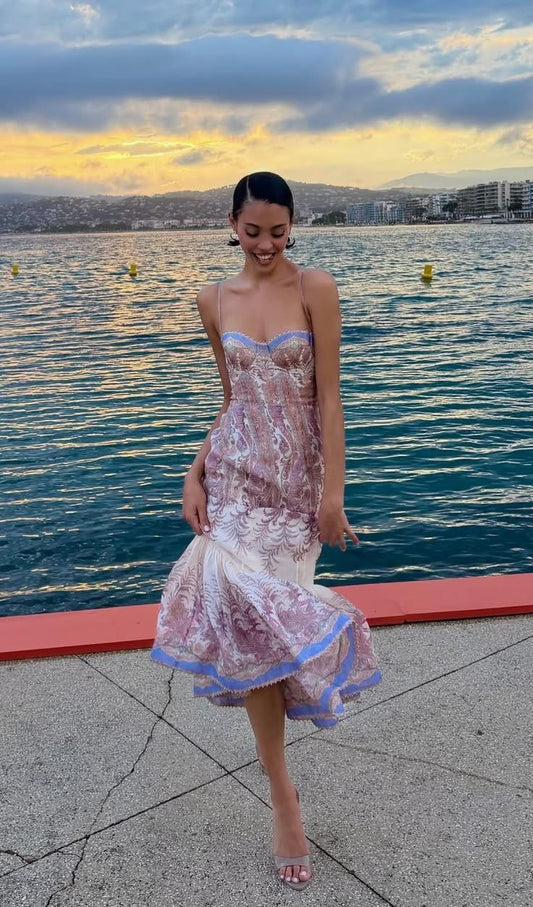 Unique Spaghetti Straps Satin Print Floral Long Prom Gown Mermaid Long Party Dresses D4477
