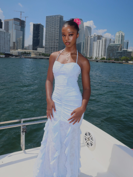 Elegant Halter Lace Satin Ruffles Mermaid Long Party Dress Light Blue Evening Dresses D4974