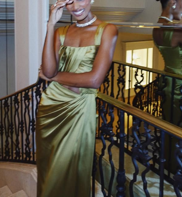 Stylish Spaghetti Straps Satin Pleated Long Wedding Guest Dress Olive Green Long Party Dress D4747