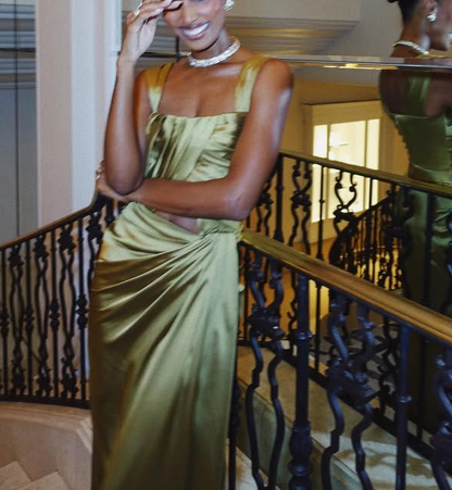 Stylish Spaghetti Straps Satin Pleated Long Wedding Guest Dress Olive Green Long Party Dress D4747