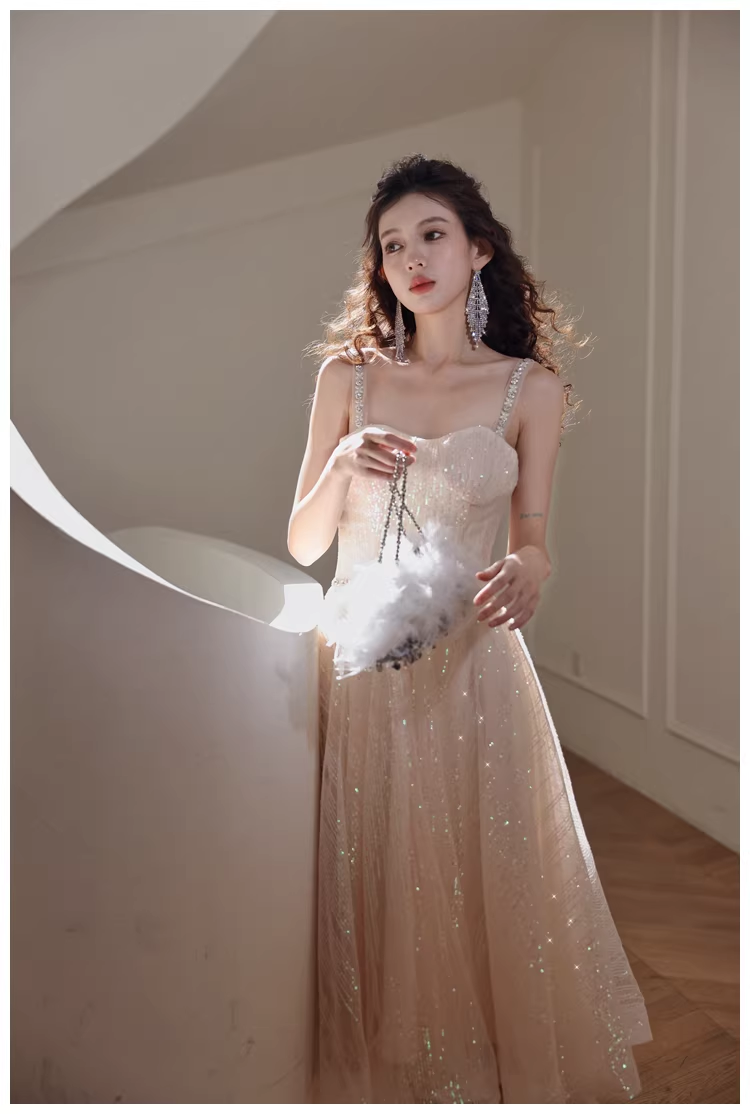 Elegant Light Champagne Tulle Sequin Beaded A Line Mid Length Birthday Prom Dress Evening Gown D2443