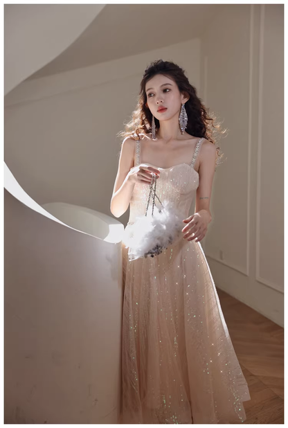 Elegant Light Champagne Tulle Sequin Beaded A Line Mid Length Birthday Prom Dress Evening Gown D2443