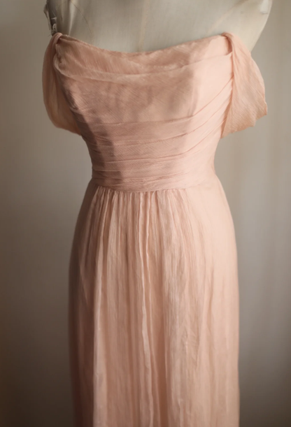 Classy Nude Pink Chiffon A Line Long Wedding Guest Dress Formal Birthday Party Dress D2314
