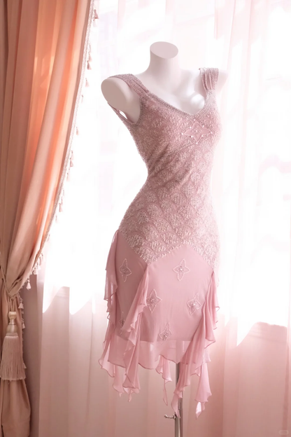 Pretty Pink Sleeveless V Neck Chiffon Sequin Sheath Backless Short Homecoming Dress Birthday Outfits D2743