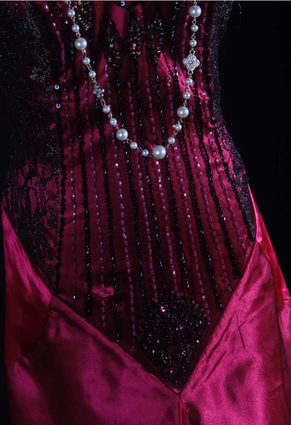 Charming V Neck Hot Pink Satin Beaded Mermaid Long Party Dress Birthday Evening Gown D2221