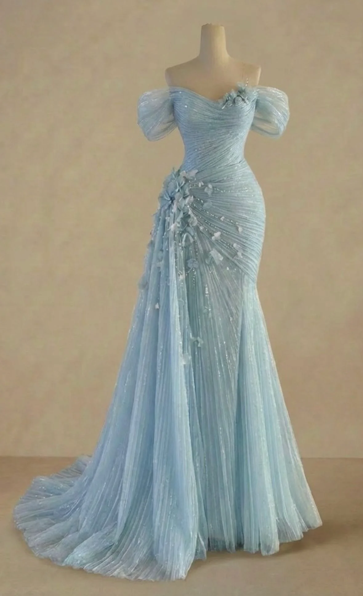 Charming Off The Shoulder Tulle Pleated Sequin Appliques Long Party Dresses Light Blue Mermaid Evening Dress D4869
