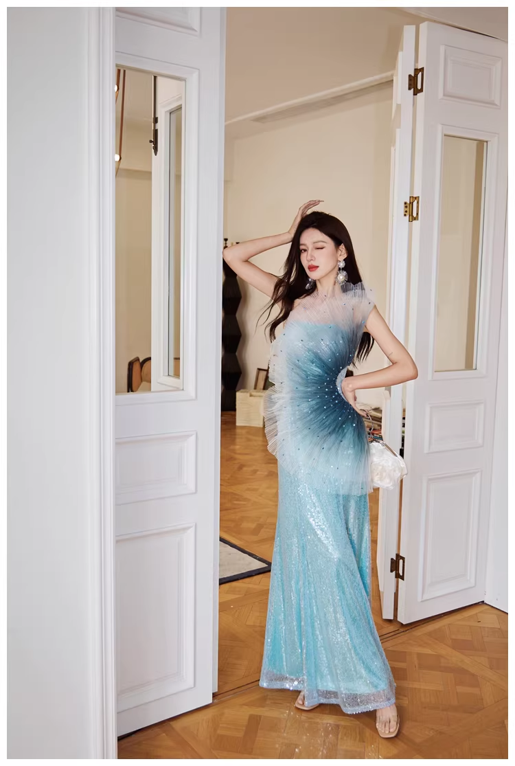 Glamorous Blue Tulle Sequin Mermaid Long Evening Dress Formal 19th Birthday Outfits With Beads D2400