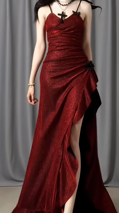 Shiny Spaghetti Straps Burgundy Satin Sequin Ruffles Slit Mermaid Long Party Dress Evening Dress Dress D2487