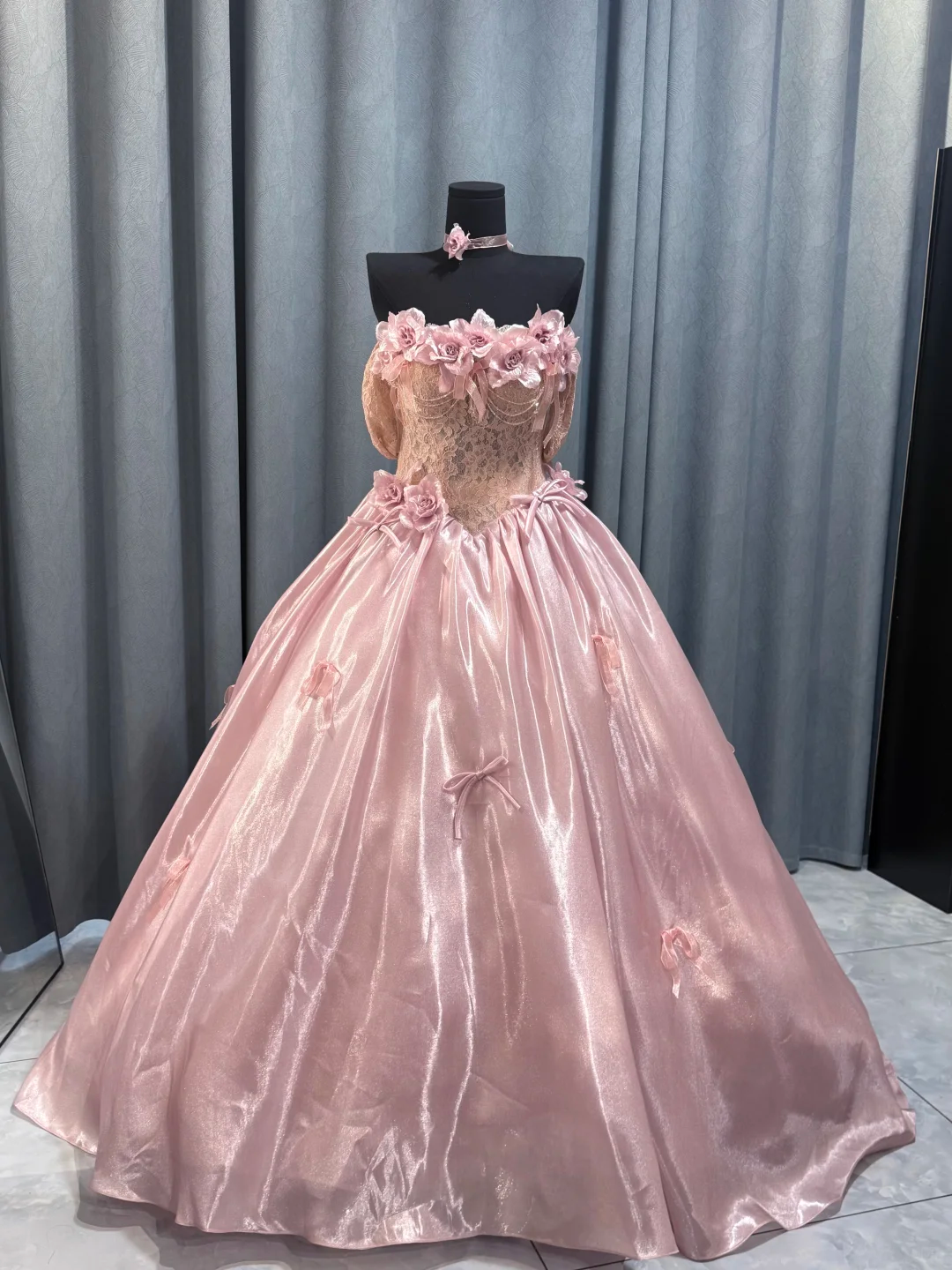 Glamorous Pink Lace Satin Ball Gown Off Shouder Sweet 16 Dress With 3D Flowers D2471
