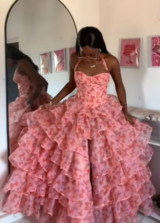 Charming Pink Halter Chiffon Print Floral Layered Long Prom Dress Party Gown D3913