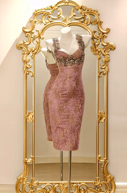 Retro Pink Satin Lace Beaded Sheath Prom Dress Party Dress D2738