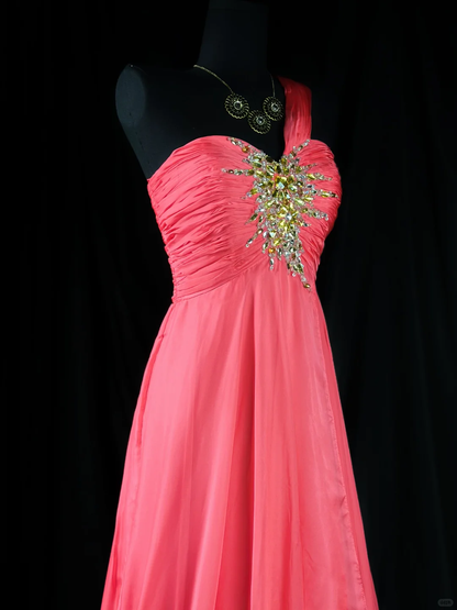 Elegant One Shouder Rose Pink Chiffon Beaded Long Party Dress Evening Dress D2509