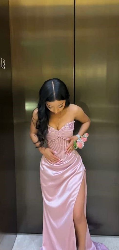 Pretty Pink Sweetheart Neck Satin Beaded Slit Mermaid Prom Dress Long Party Gown D2903