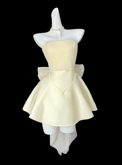 Cute Yellow Strapless Satin A Line Short Homecoming Dress Birthday Dress With Bow D4174