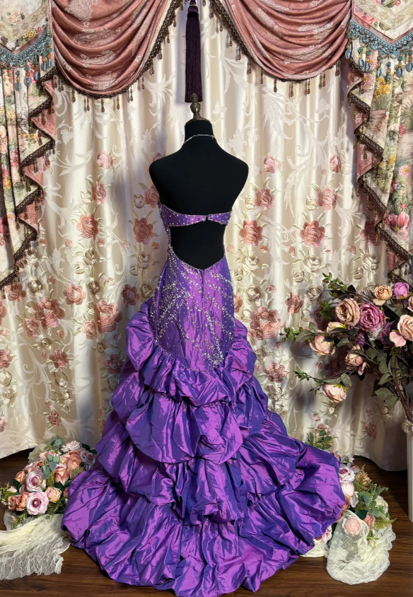 Vintage Purple Strapless Satin Beaded Mermaid Long Party Dress Evening Dress D2186