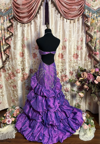 Vintage Purple Strapless Satin Beaded Mermaid Long Party Dress Evening Dress D2186