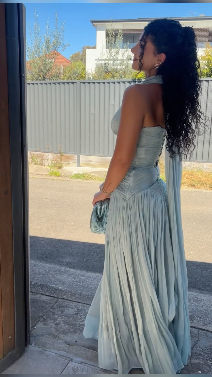 Chic Halter V Neck Tulle Pleated A Line Slit Long Party Dress Evening Gown D5025