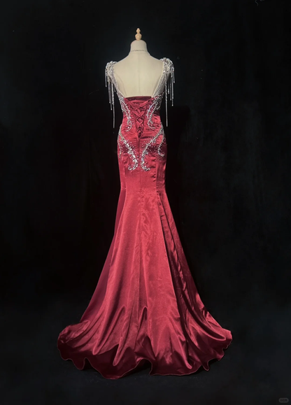 Gorgeous Burgundy Satin Beaded Mermaid Long Party Dress Evening Gown D3117