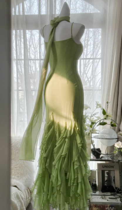 Beautiful Green Spaghetti Straps Chiffon Ruffles Mermaid Long Party Dress Birthday Prom Dresses D1791