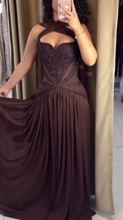Charming Brown Chiffon Beaded A Line Long Wedding Guest Dress Formal Evening Dress D2979