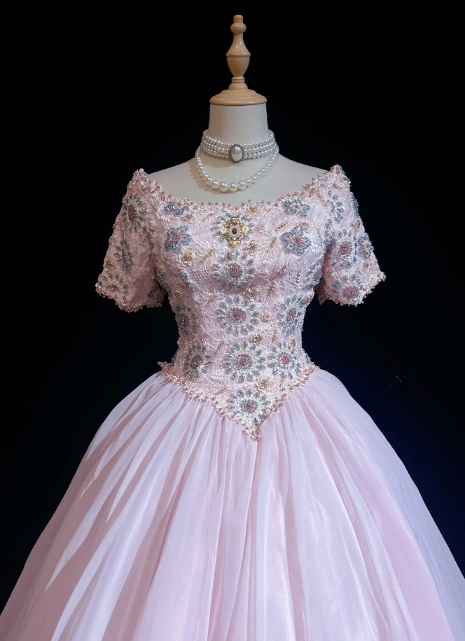 Charming Pink Tulle Lace Beaded Ball Gonn Long Birthady Evening Dress D2070