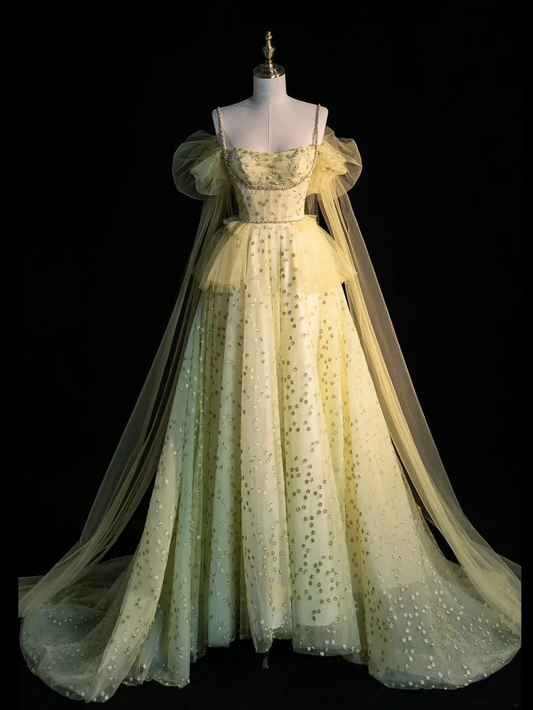 Gorgeous Ball Gown Spaghetti Strap Yellow Tulle Long Prom Dress Evening Gown D4528