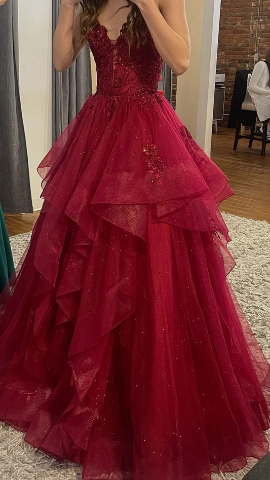 Shiny Spaghetti Straps V Neck Tulle Appliques Long Prom Dress Burgundy Birthday Party Gown D1570