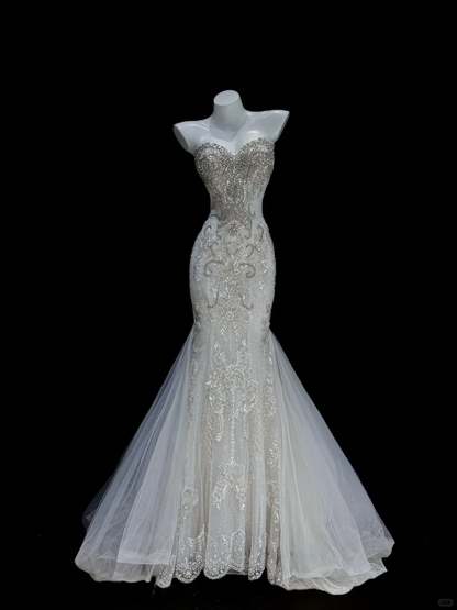 Glamorous Sweetheart Neck Tulle Sequin Beaded Mermaid Long Evening Dress Party Dress D2919