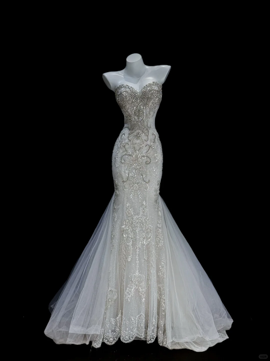 Glamorous Sweetheart Neck Tulle Sequin Beaded Mermaid Long Evening Dress Party Dress D2919
