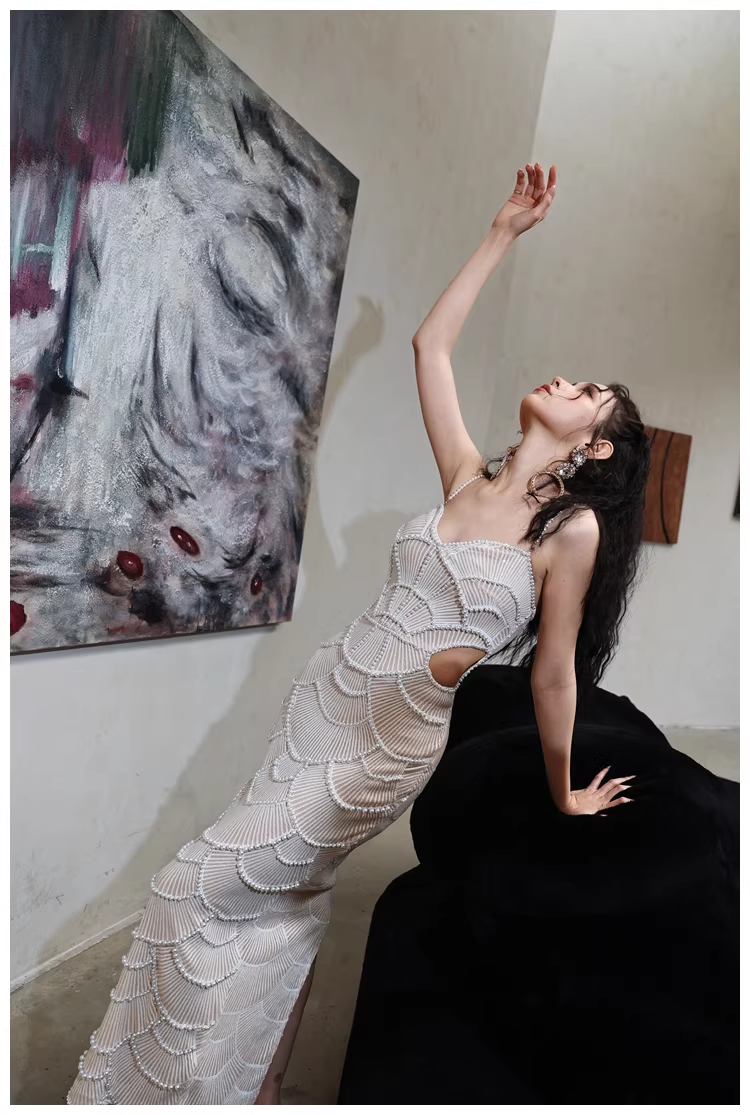 Unique Spaghetti Straps Sequin Pearls Sheath Slit Long Party Dress Birthday Evening Gown D2452