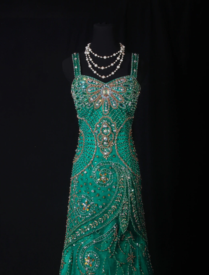 Vintage Spaghetti Straps Green Satin Tulle Beaded Party Dress Mermaid Long 21st Birthday Outfits D2240