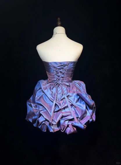 Classy Purple Strapless Satin Pleated A Line Short Homecoming Dress ,Mini Prom Dress D3361