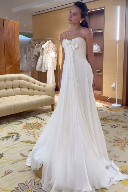 Classy White Chiffon Long Evening Dress Strapless Long Birthday Party Dress D4998