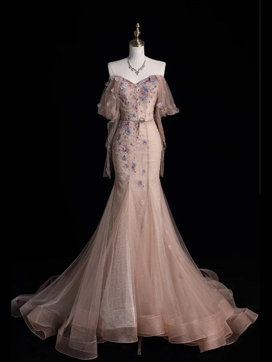 Pretty Off The Shoulder Tulle Appliqued Long Prom Dresses Pink Mermaid Long Party Dress D4524