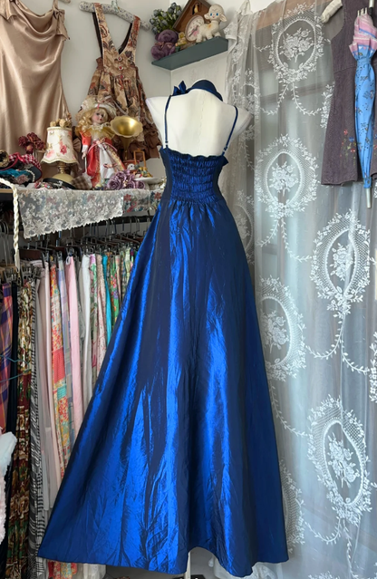 Retro Royal Blue Satin Bow A Line Long Birthday Party Dress Prom Gown D1292