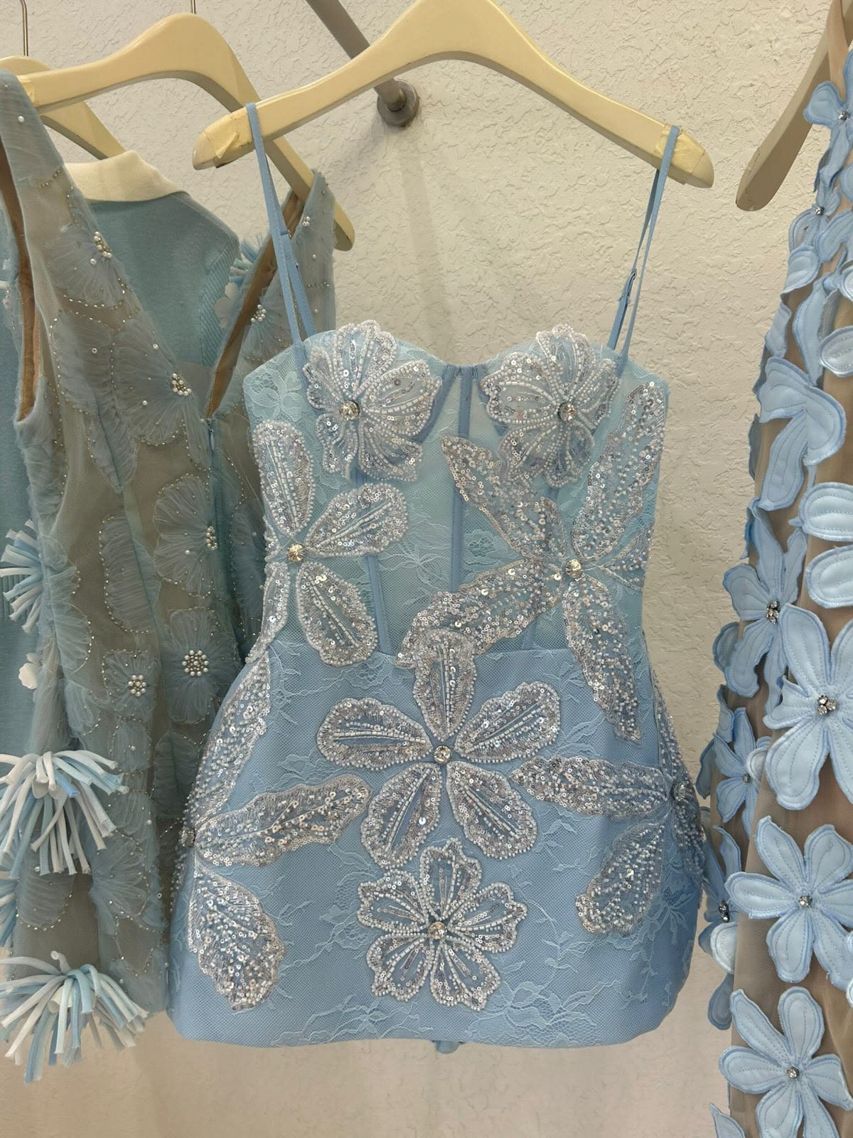 Elegant Spaghetti Straps Lace Sequin Floral Short Prom Dress,Blue Short Homecoming Dress D3849