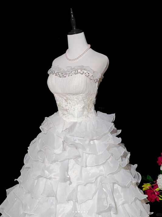 Glamorous Strapless Beaded White Chiffon Ruffles Layered Long Wedding Dress Formal Bridal Gowns D2367
