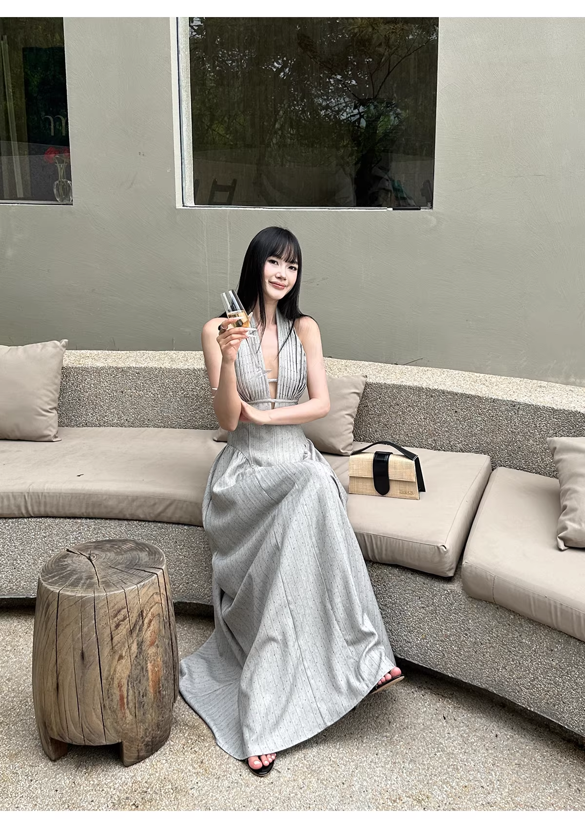 Fashion Halter Gray satin Pleated A Line Long Wedding Guest Dress,Backless Long Evening Dress Prom Gown With Pockets D2085