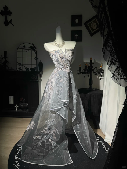 Glamorous Gray Strapless Tulle Appliques Beaded Long Party Dress Evening Gown D3729