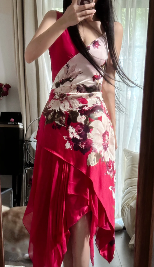 Charming Red V Neck Satin Floral Chiffon Mermaid Long Party Dress Birthday Dress D2298
