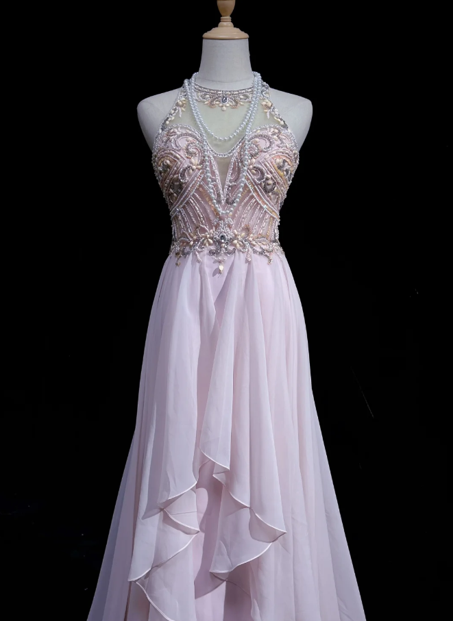 Classy Halter Chiffon Beaded Mermaid Formal Wedding Guest Dress,Pink Long Evening Dress Party Dress D2071